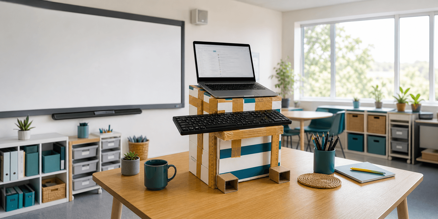 A clear classroom image of a makeshift standing desk built from copy-paper boxes, tape, rulers, slats and cardboard blocks.